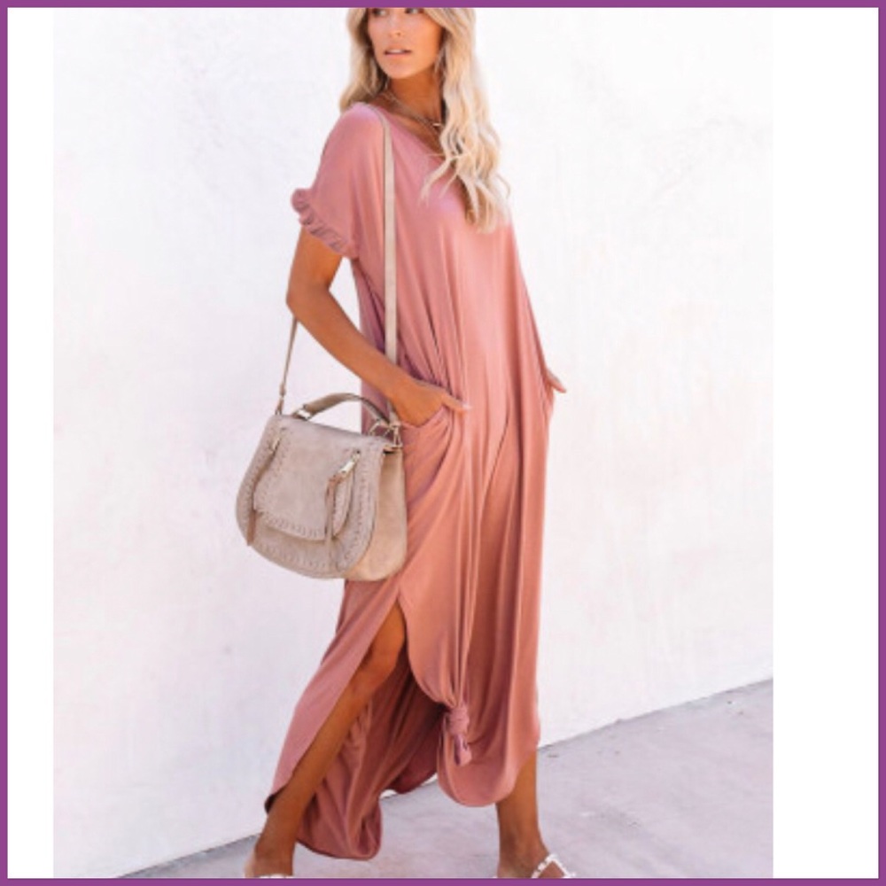 Pink maxi dress with side slits XL
